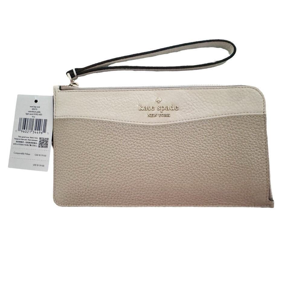 NWT KATE SPADE Lucy Medium L-Zip Wristlet Colorblock Pebbled Light Sand Leather